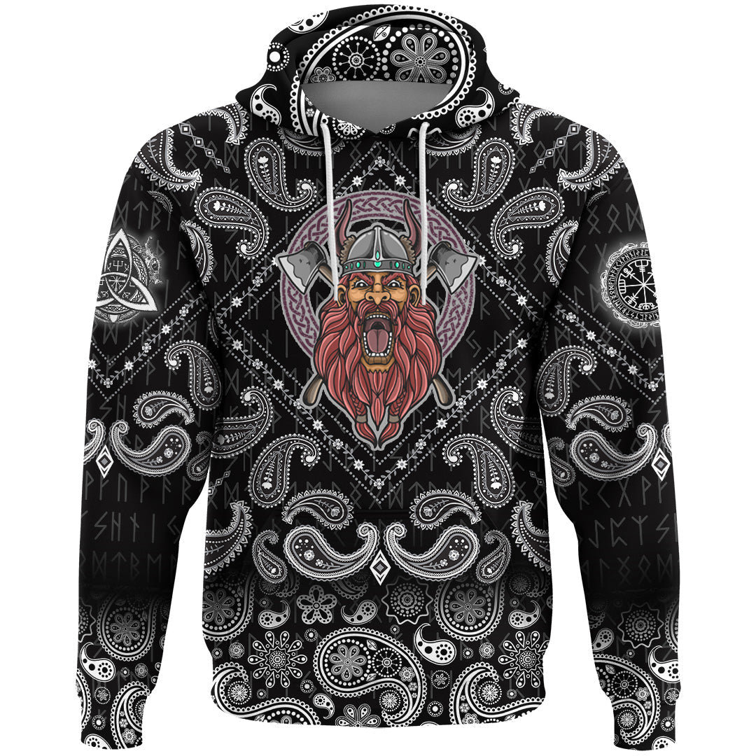 Viking Hoodie Barbarian Head With Cross Axe with Bandana Paisley Style RLT12
