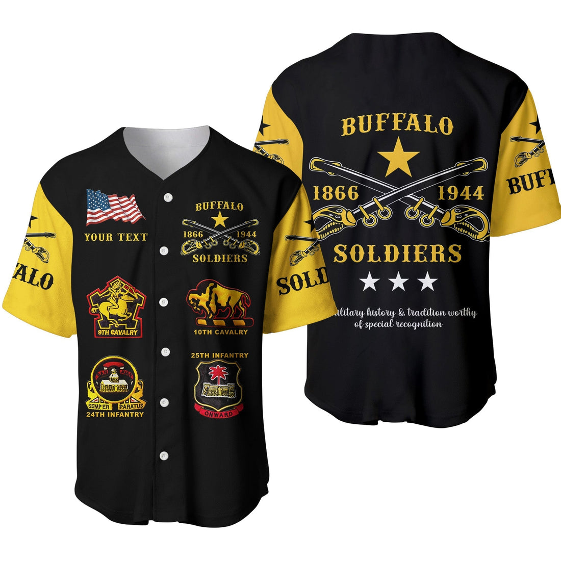 Personalized Buffalo Soldiers Baseball Jersey African American Military Original Style - Black Gold