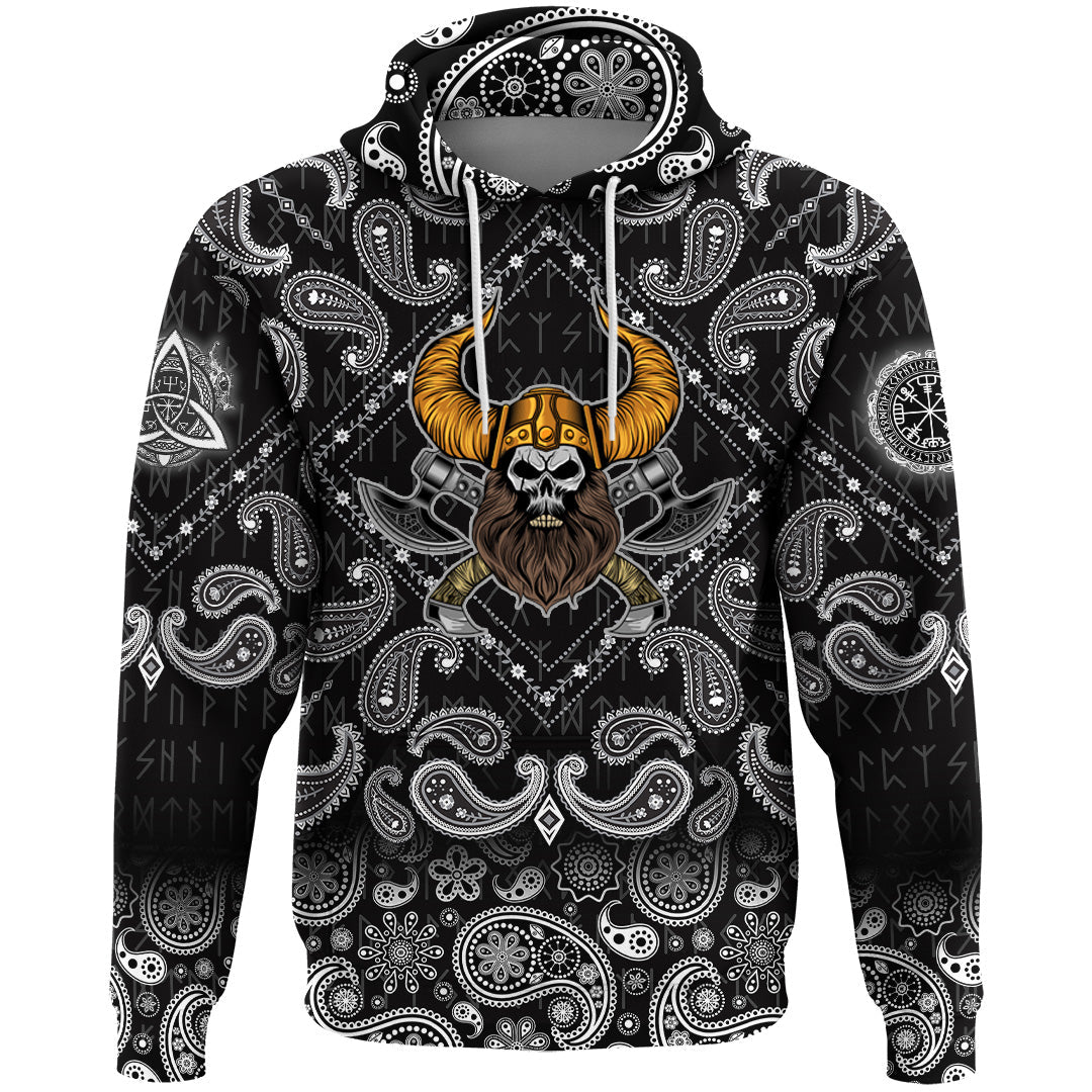 Viking Hoodie Beard Skull Cross Axes with Bandana Paisley Style RLT12