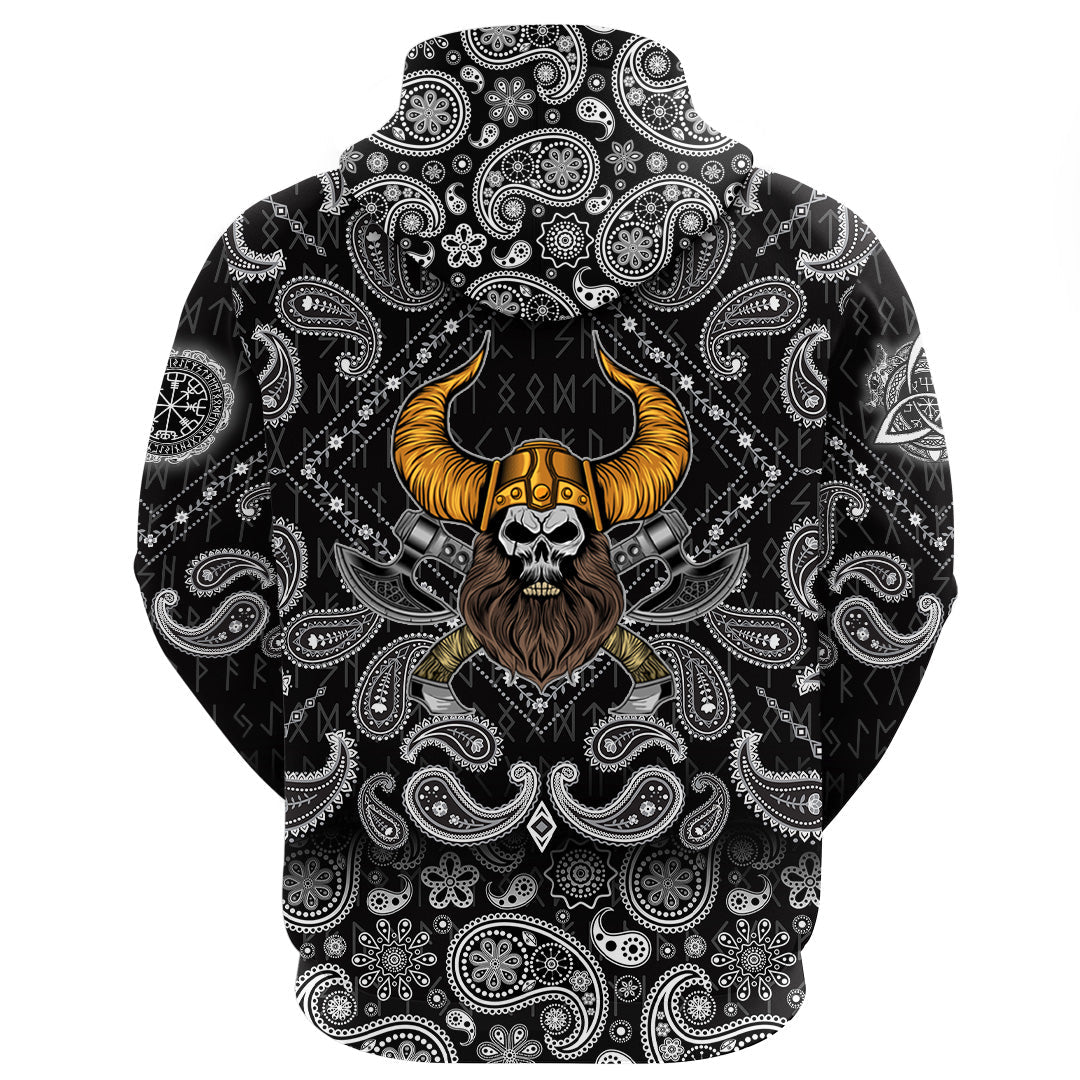 Viking Hoodie Beard Skull Cross Axes with Bandana Paisley Style RLT12