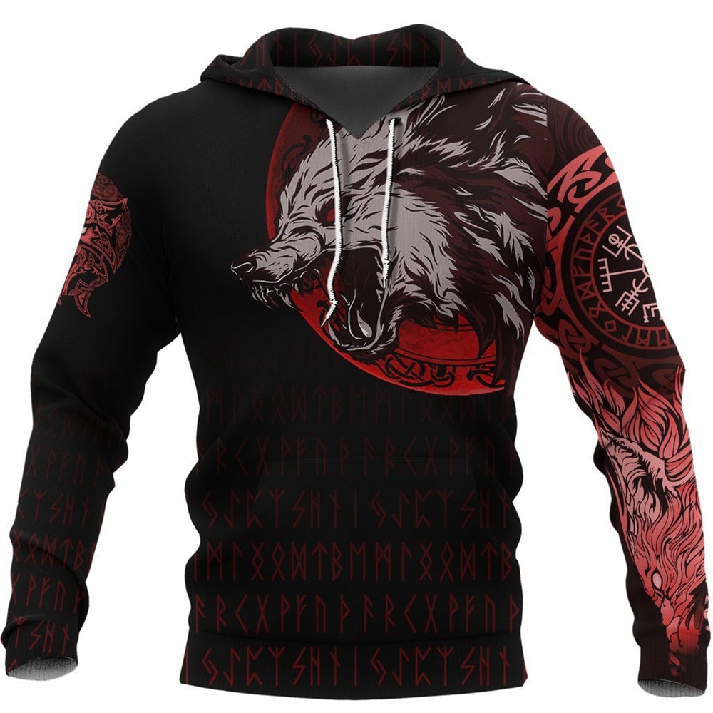 Viking Clothing Viking Fenrir With Red Vegsivir Hoodie RLT12