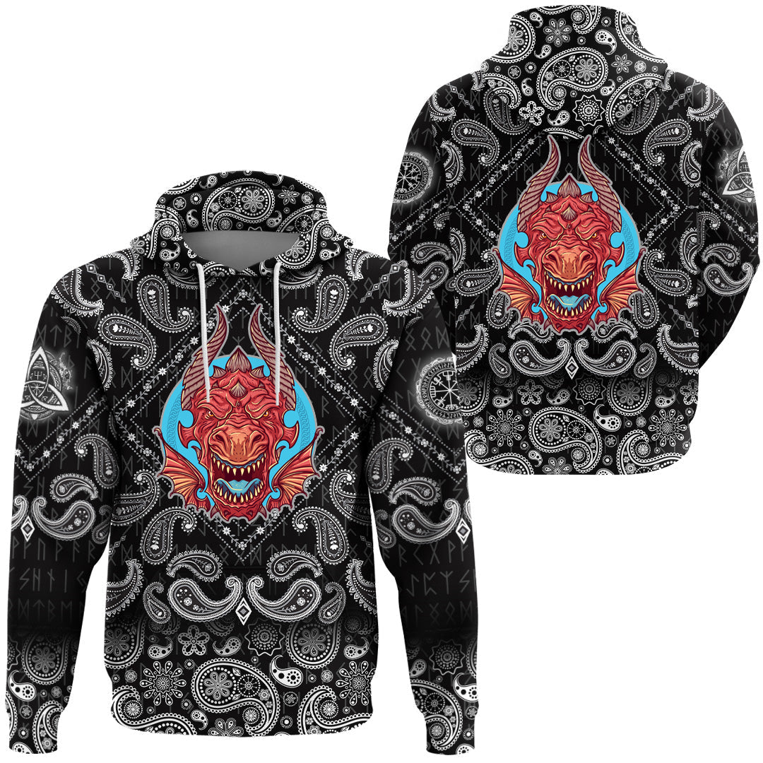 Viking Hoodie Big Angry Red Dragon with Bandana Paisley Style RLT12