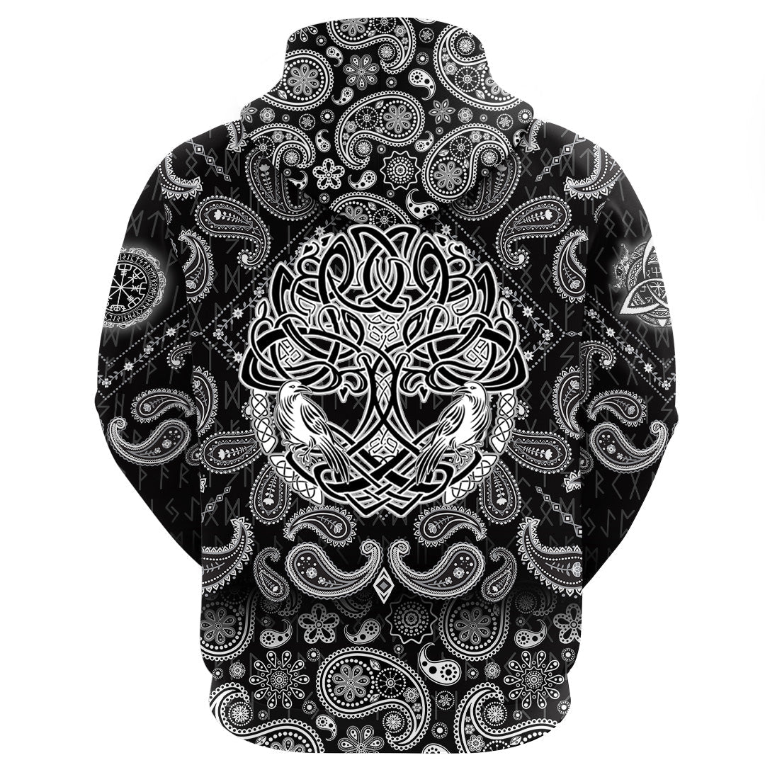 Viking Hoodie Birds Raven Huginn and Muninn Celtic Tree with Bandana Paisley Style RLT12