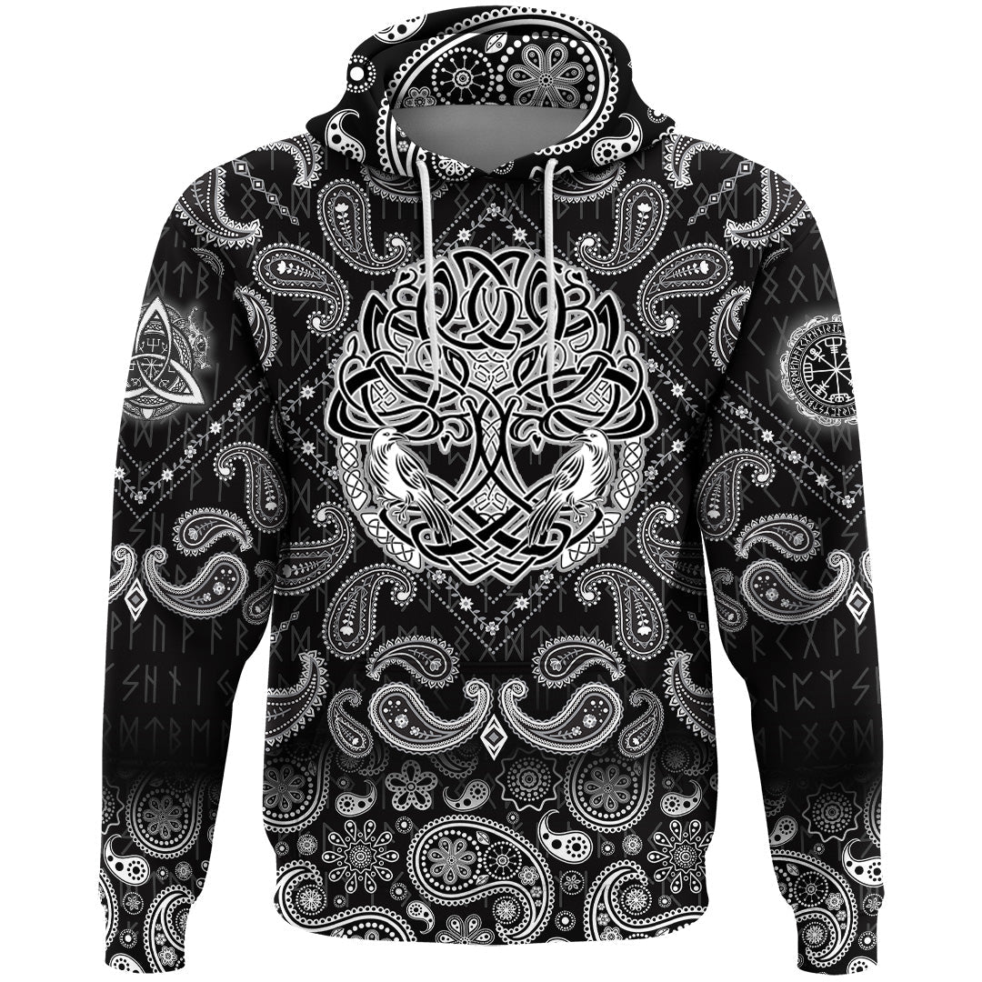 Viking Hoodie Birds Raven Huginn and Muninn Celtic Tree with Bandana Paisley Style RLT12