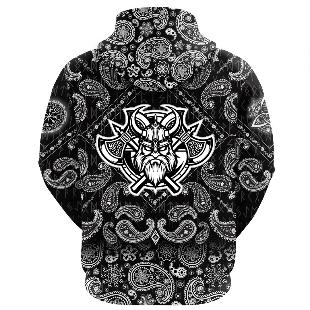 Viking Hoodie Black and White Head With Shield and Axe with Bandana Paisley Style RLT12