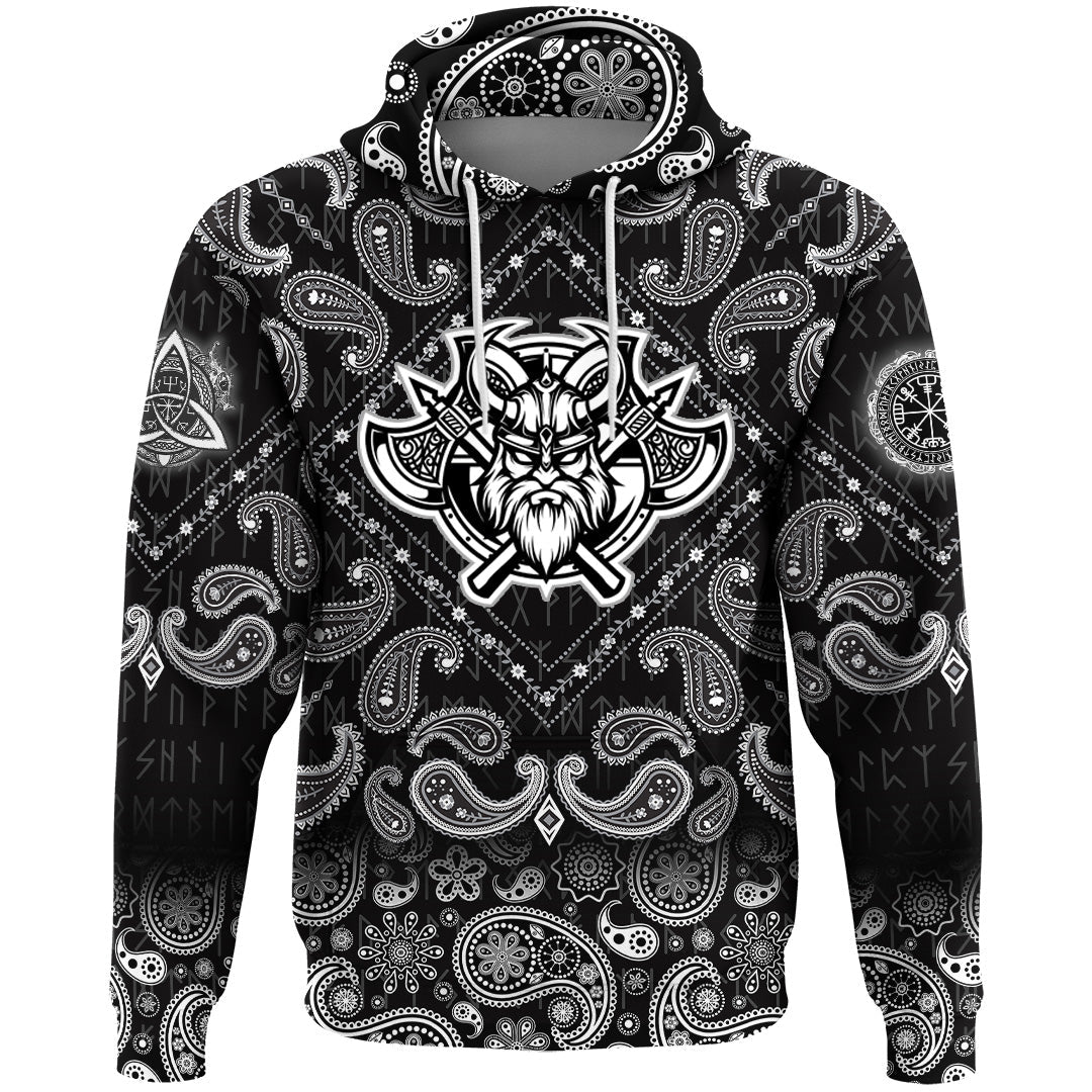 Viking Hoodie Black and White Head With Shield and Axe with Bandana Paisley Style RLT12