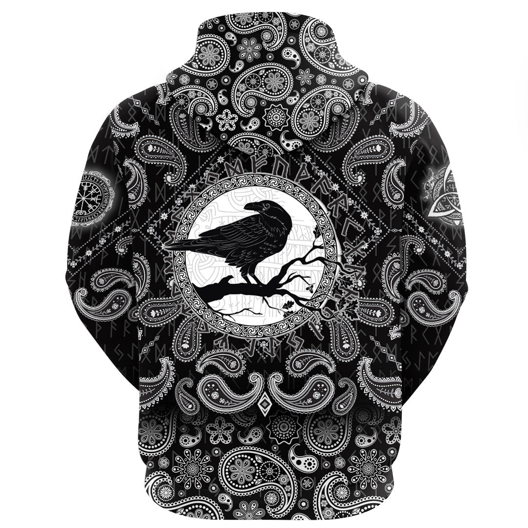 Viking Hoodie Black Crow Sitting On Branch Of An Oak Tree with Bandana Paisley Style RLT12