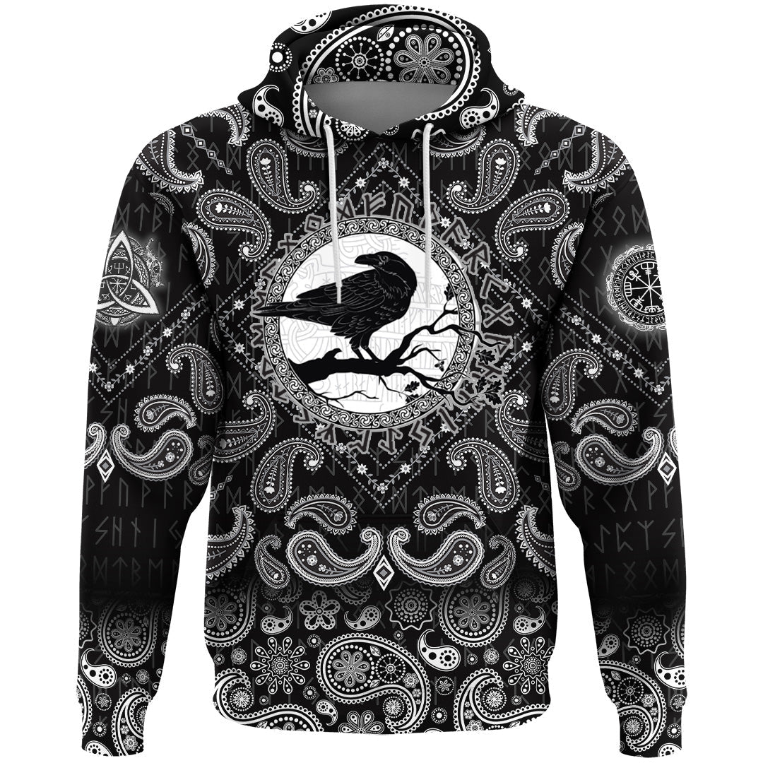 Viking Hoodie Black Crow Sitting On Branch Of An Oak Tree with Bandana Paisley Style RLT12
