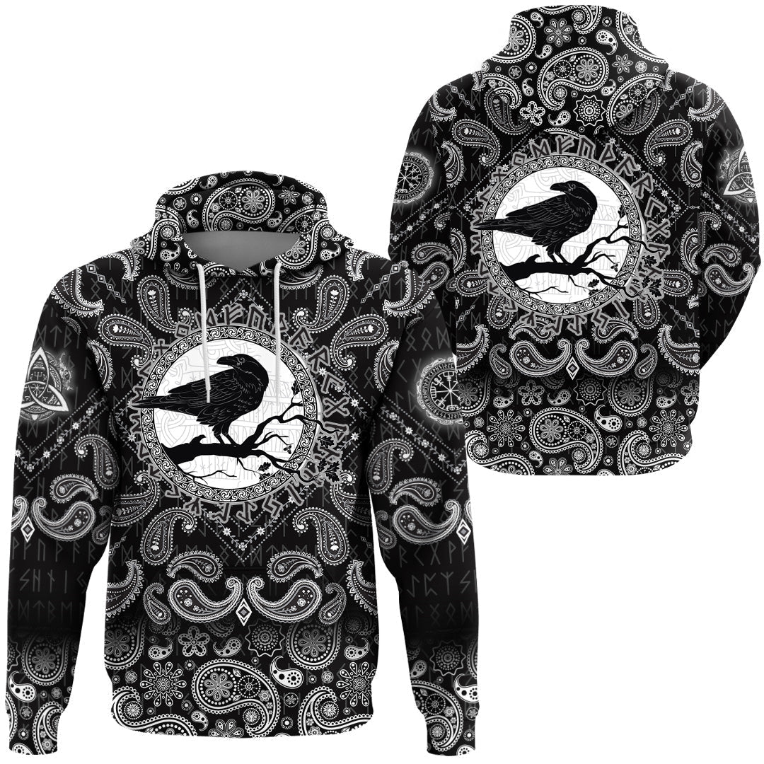 Viking Hoodie Black Crow Sitting On Branch Of An Oak Tree with Bandana Paisley Style RLT12