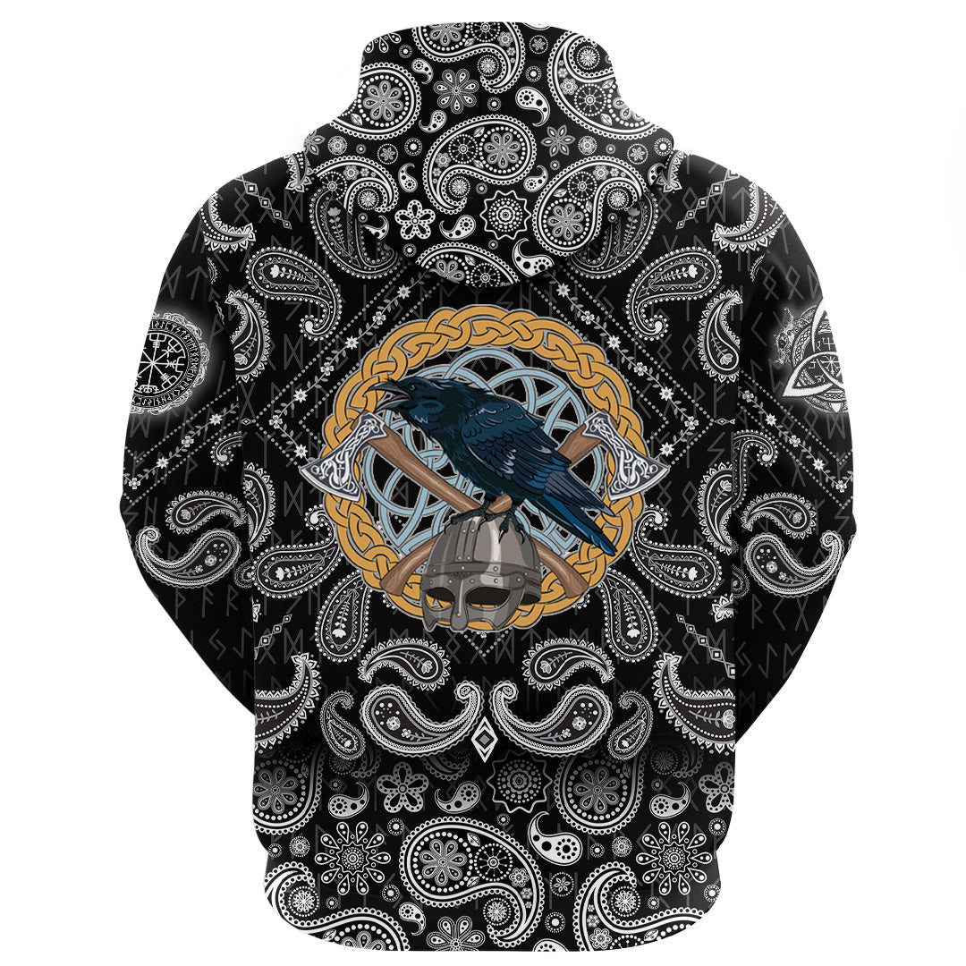 Viking Hoodie Black Crow Sitting On Helmet With Two Crossed Axes with Bandana Paisley Style RLT12