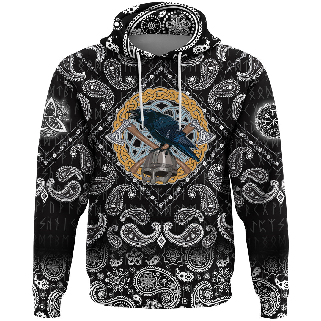 Viking Hoodie Black Crow Sitting On Helmet With Two Crossed Axes with Bandana Paisley Style RLT12