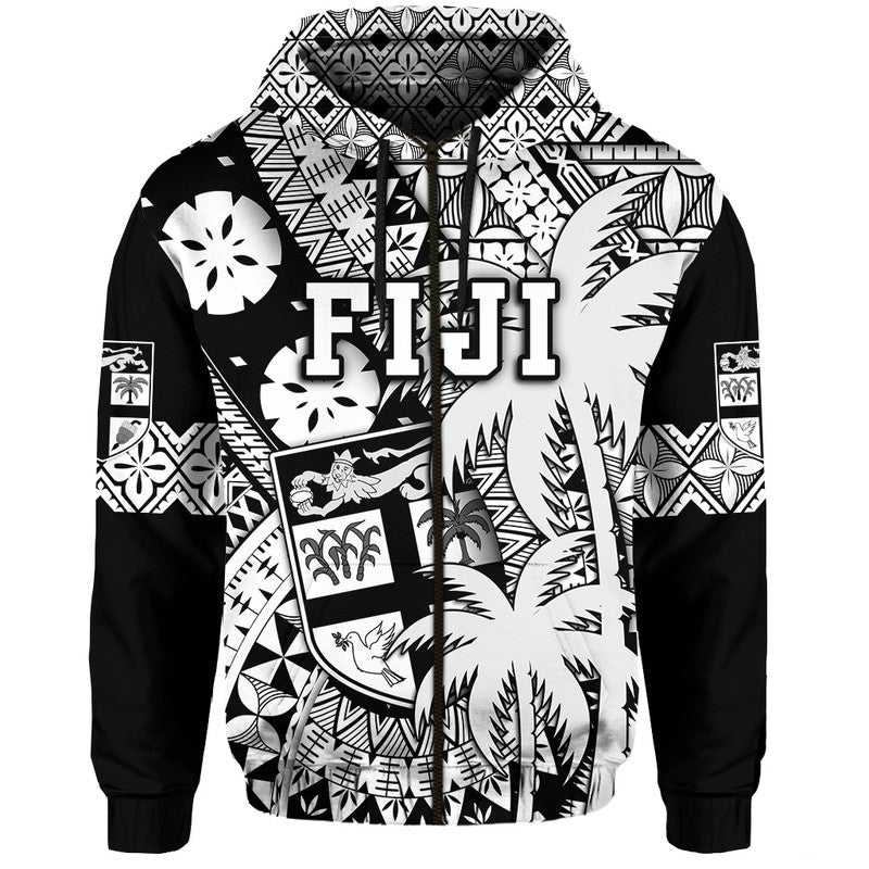 Custom Personalised Fiji Hoodie Coat Of Arms Masi Tapa Mixed Palm Tree No1 Black Version LT9