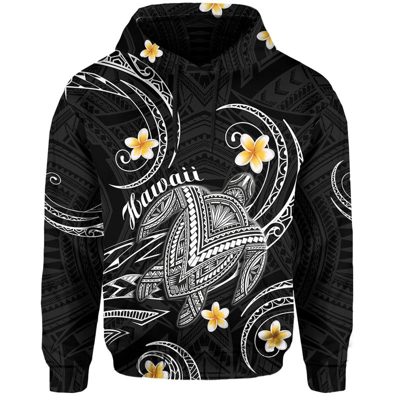 Custom Hawaii Hoodie Hawaiian Turtle Plumeria Mixed Polynesian Black Style LT9