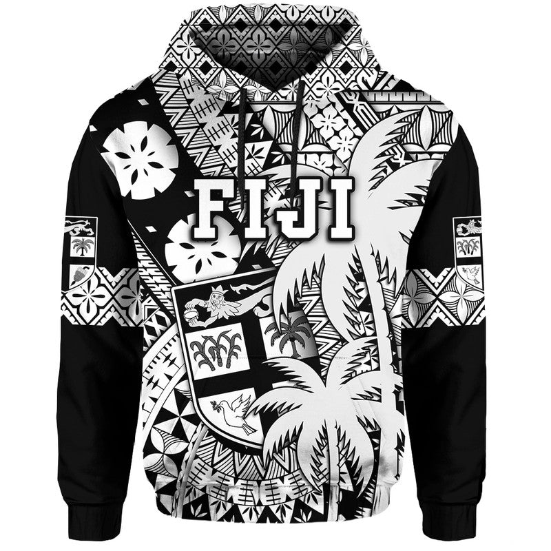 Custom Personalised Fiji Hoodie Coat Of Arms Masi Tapa Mixed Palm Tree No1 Black Version LT9