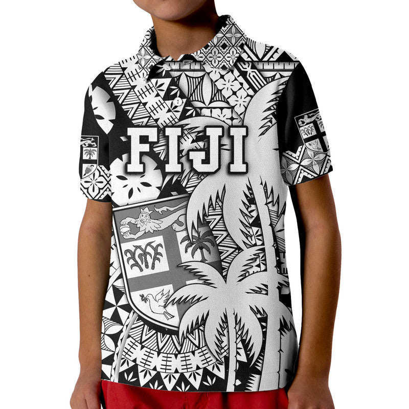 Custom Fiji Polo Shirt Coat Of Arms Masi Tapa Mixed Palm Tree No1 Black Version LT9