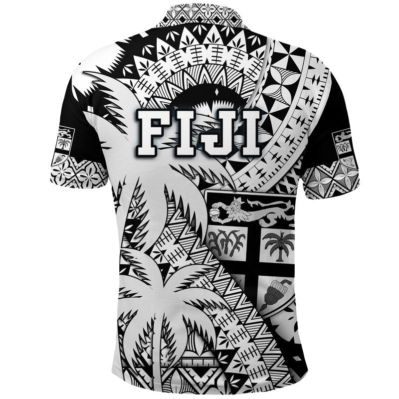 Fiji Polo Shirt Coat Of Arms Masi Tapa Mixed Palm Tree No1 Black Version LT9