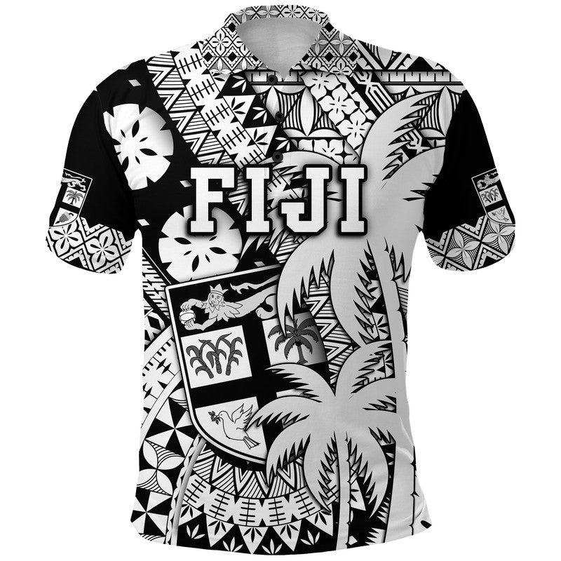 Custom Fiji Polo Shirt Coat Of Arms Masi Tapa Mixed Palm Tree No1 Black Version LT9