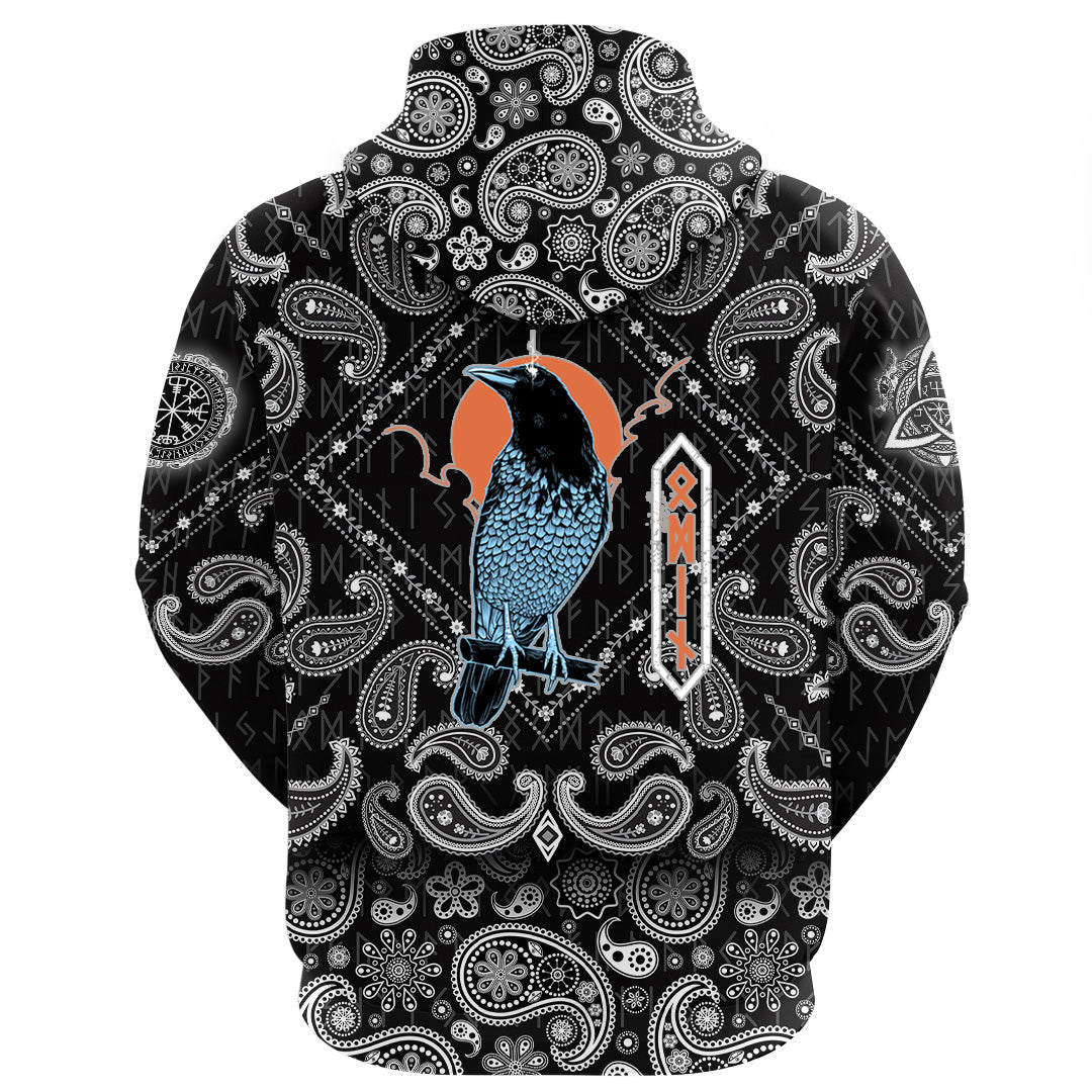 Viking Hoodie Black Raven Sky Rune with Bandana Paisley Style RLT12