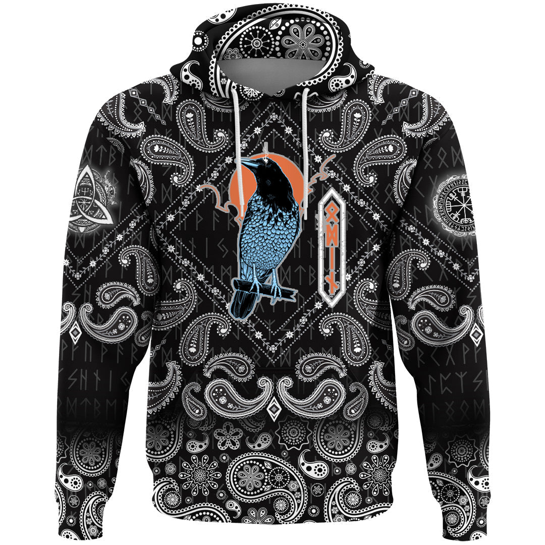 Viking Hoodie Black Raven Sky Rune with Bandana Paisley Style RLT12