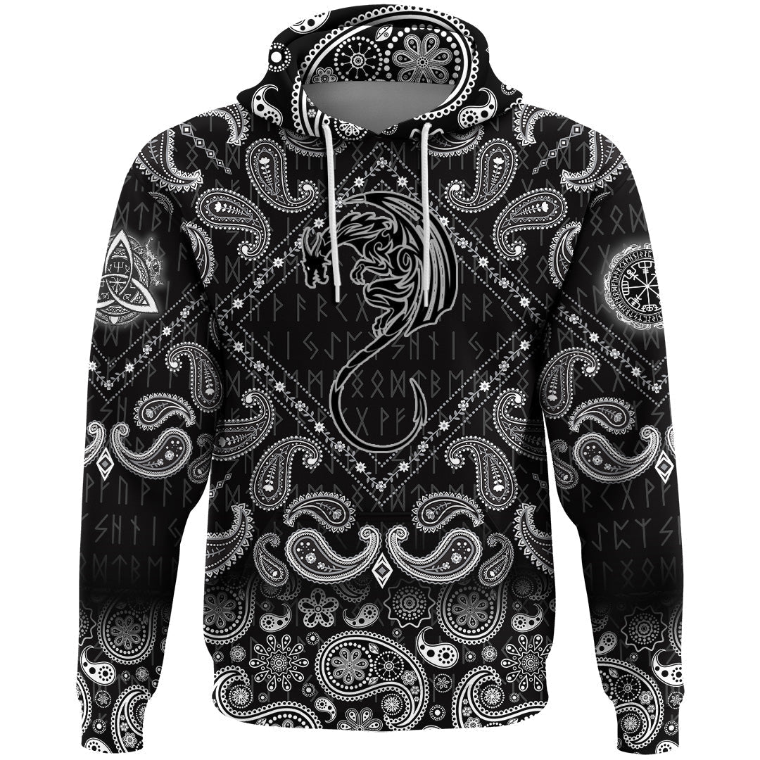Viking Hoodie Black Winged Dragon Spirit Of Celts with Bandana Paisley Style RLT12