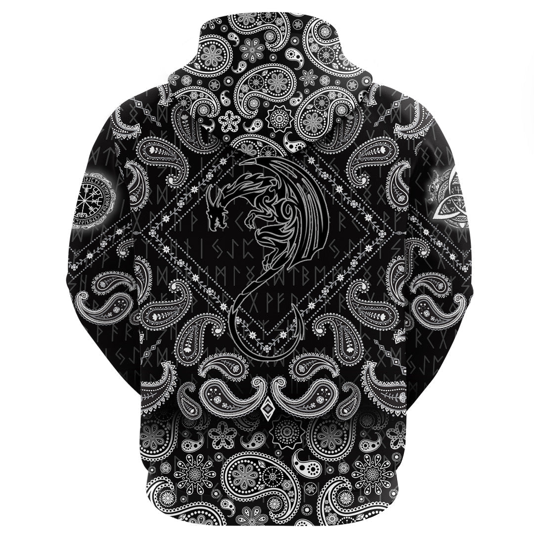 Viking Hoodie Black Winged Dragon Spirit Of Celts with Bandana Paisley Style RLT12