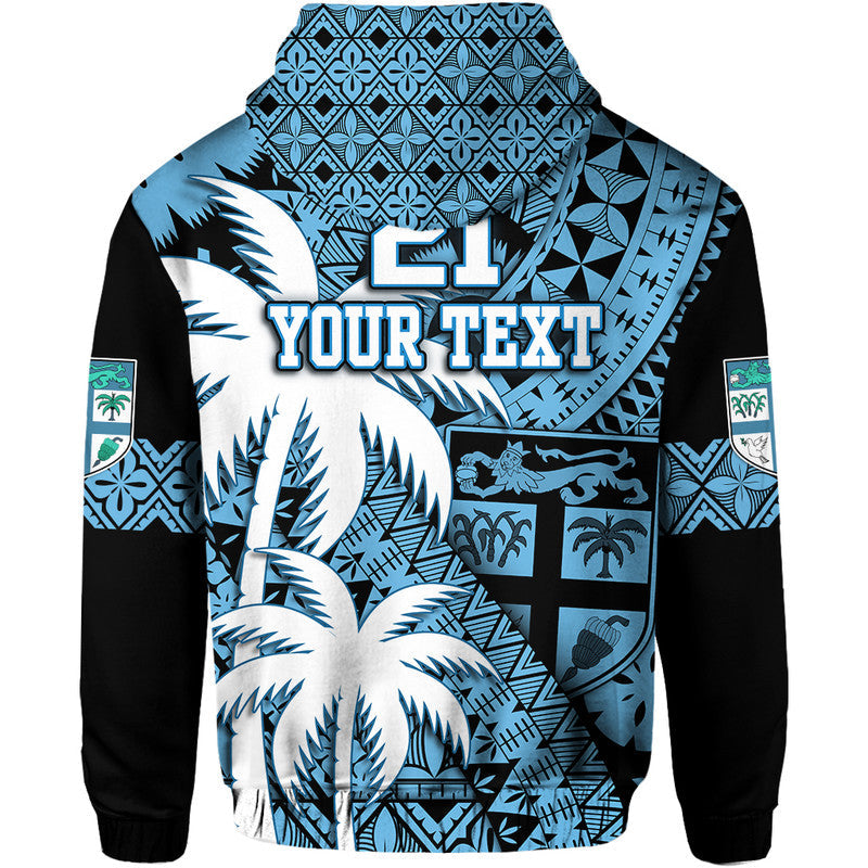 Custom Personalised Fiji Hoodie Coat Of Arms Masi Tapa Mixed Palm Tree No1 Blue Version LT9