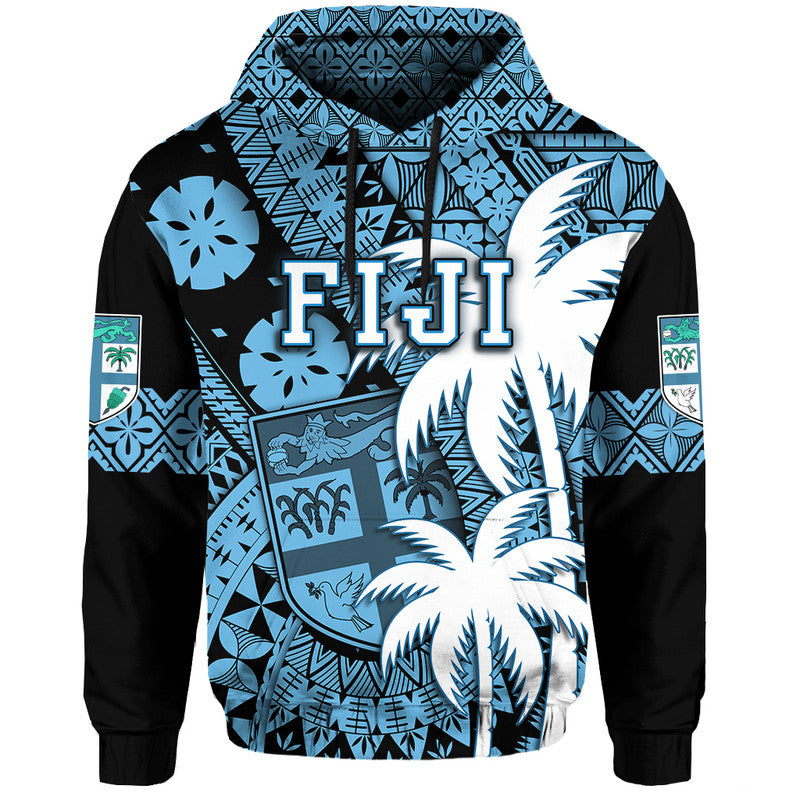 Custom Personalised Fiji Hoodie Coat Of Arms Masi Tapa Mixed Palm Tree No1 Blue Version LT9