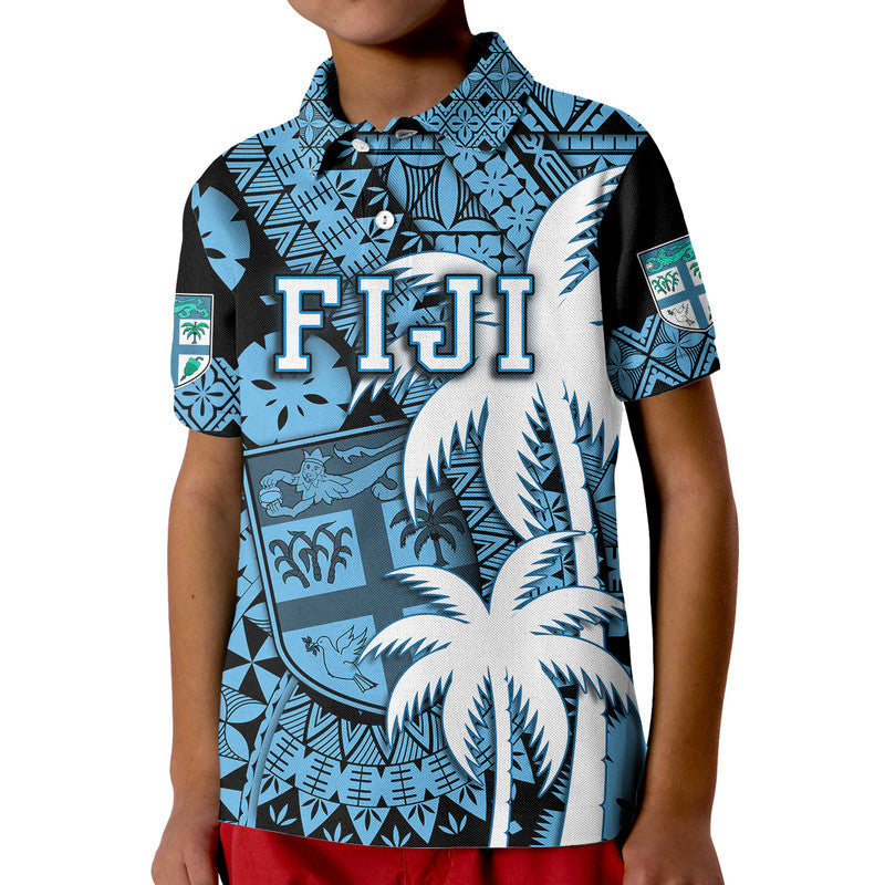 Custom Fiji Polo Shirt Coat Of Arms Masi Tapa Mixed Palm Tree No1 Blue Version LT9