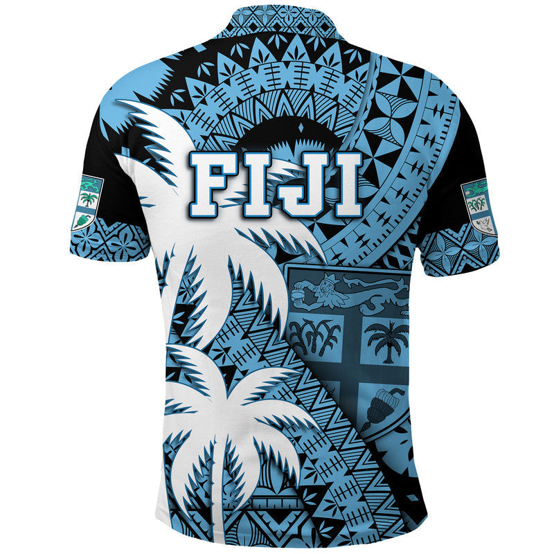Fiji Polo Shirt Coat Of Arms Masi Tapa Mixed Palm Tree No1 Blue Version LT9