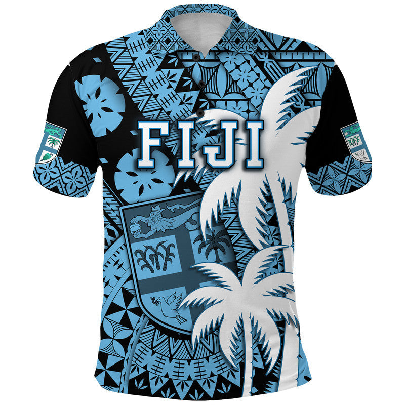 Custom Fiji Polo Shirt Coat Of Arms Masi Tapa Mixed Palm Tree No1 Blue Version LT9