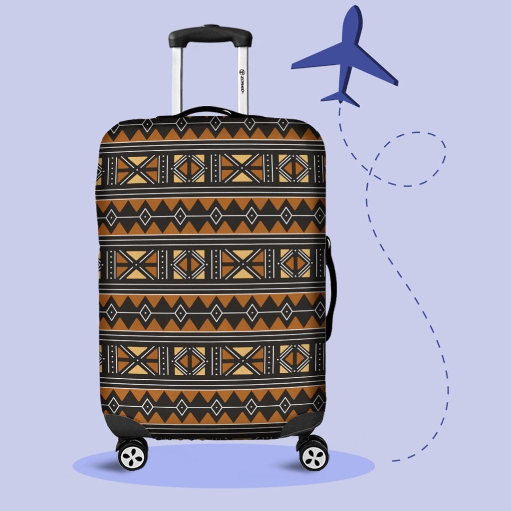 African Luggage Cover - Brown Traditional African Bogolan Travel Suitcase