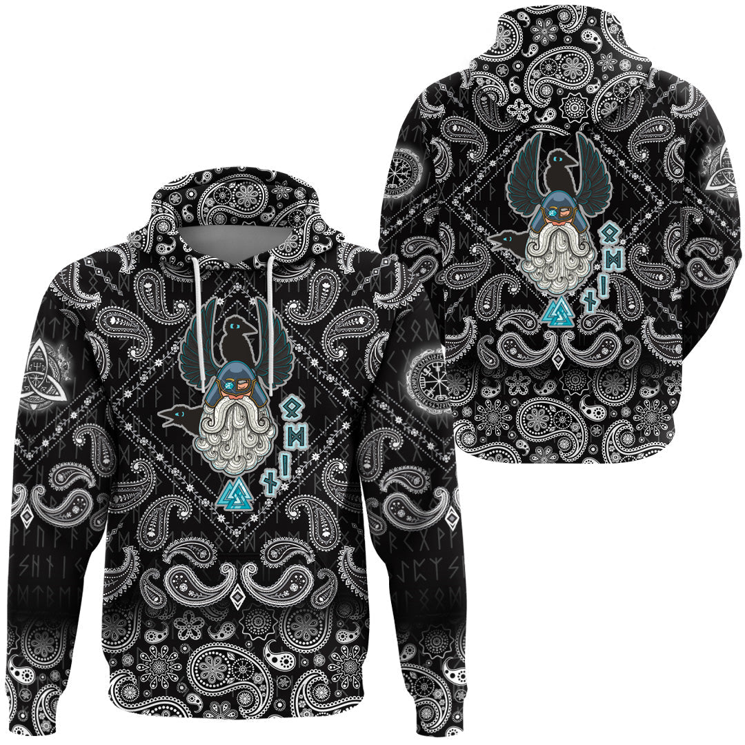 Viking Hoodie Cartoon Of The Norse God Odin with Bandana Paisley Style RLT12