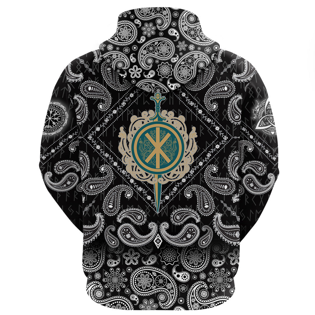 Viking Hoodie Celtic Sword and Celtic Scandinavian Ornaments with Bandana Paisley Style RLT12