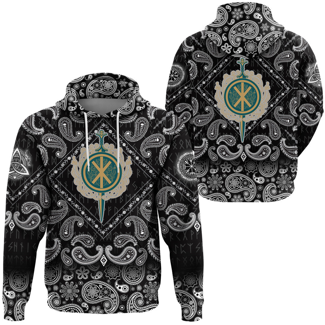 Viking Hoodie Celtic Sword and Celtic Scandinavian Ornaments with Bandana Paisley Style RLT12