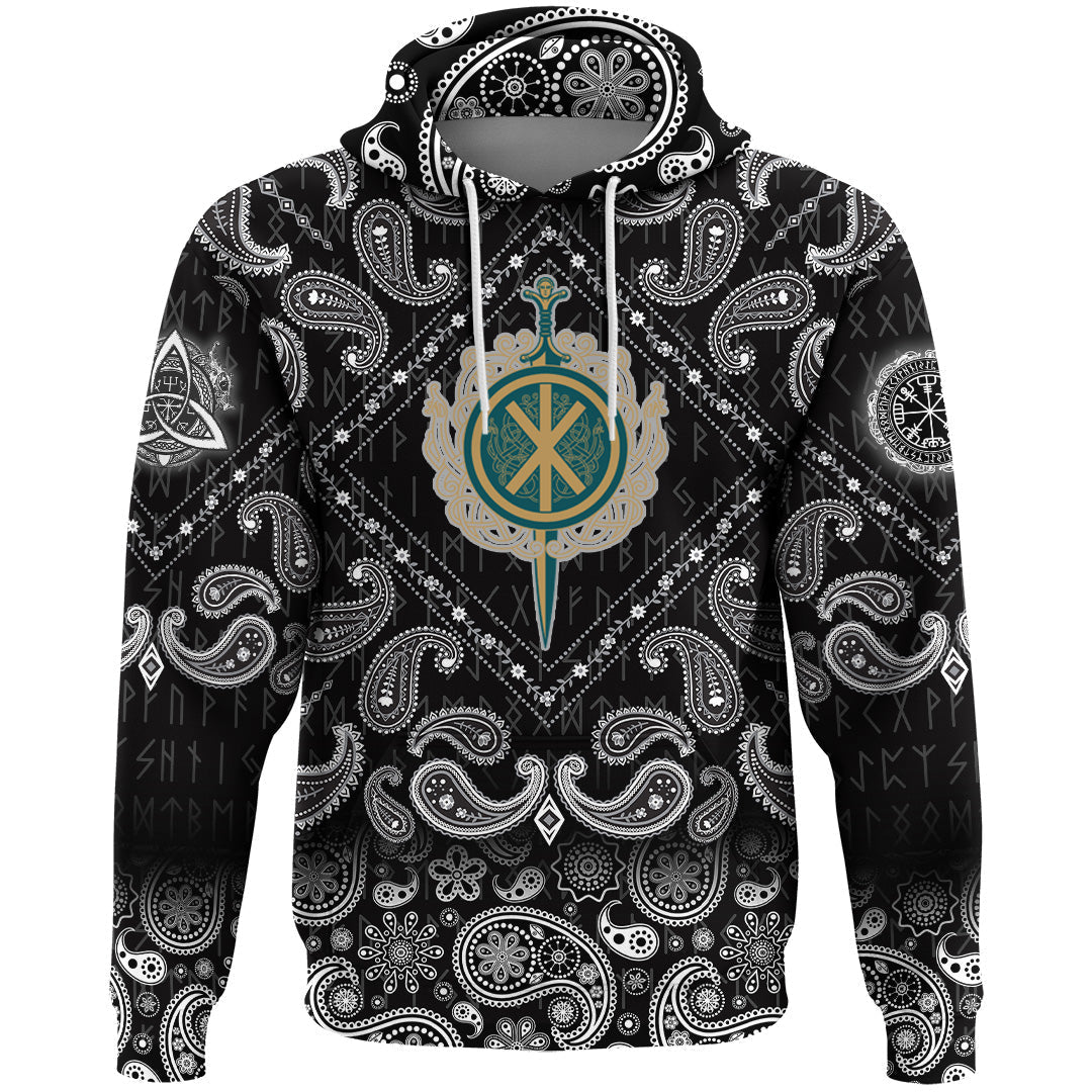 Viking Hoodie Celtic Sword and Celtic Scandinavian Ornaments with Bandana Paisley Style RLT12