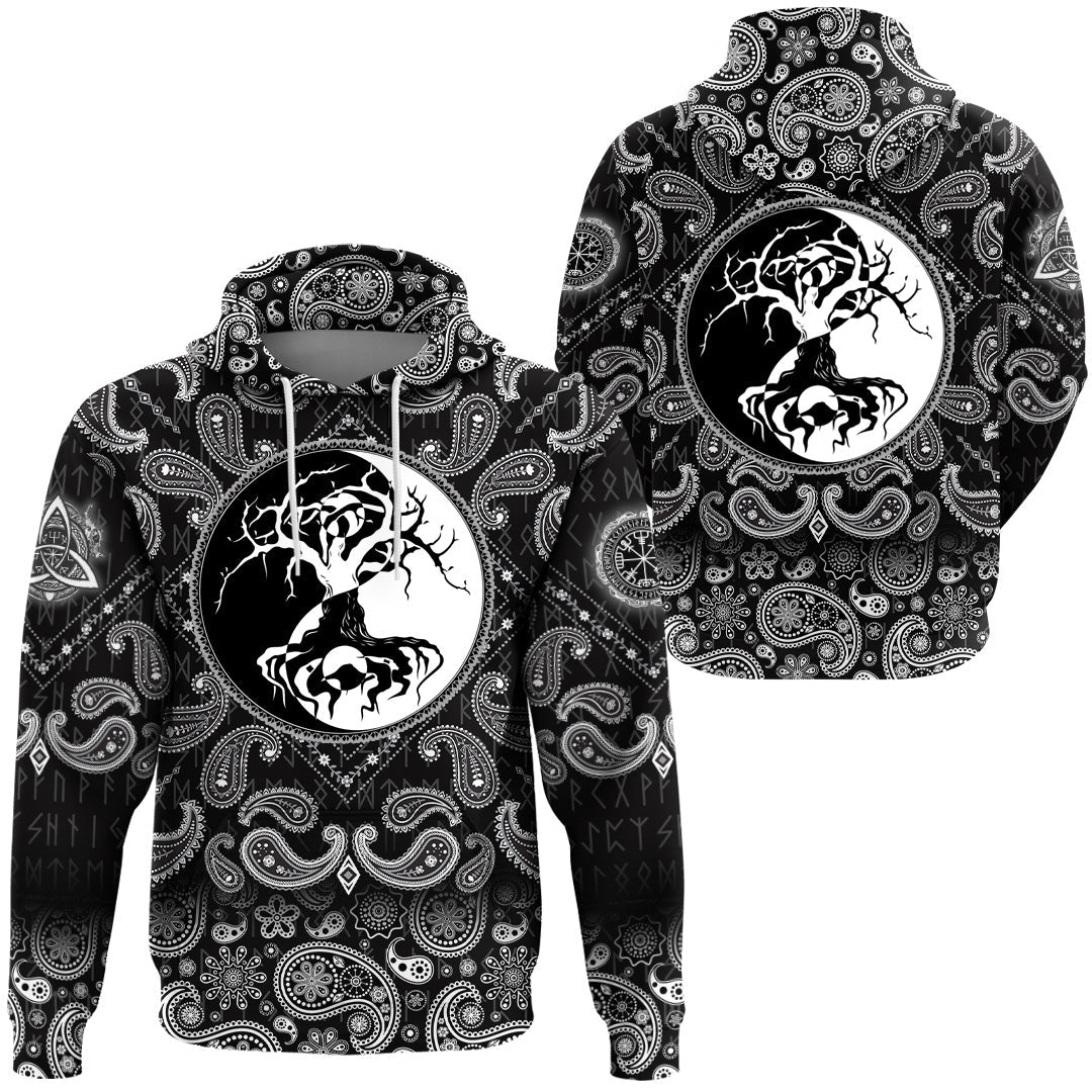 Viking Hoodie Celtic Symbol Of Yin and Yang Druidic Yggdrasil Tree with Bandana Paisley Style RLT12
