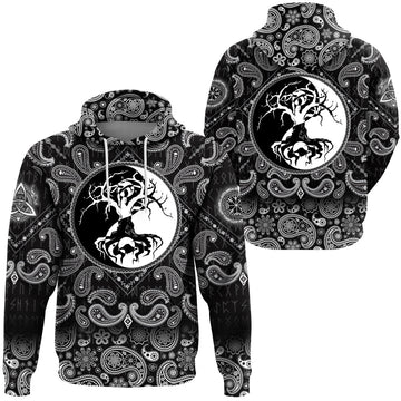 Viking Hoodie Celtic Symbol Of Yin and Yang Druidic Yggdrasil Tree with Bandana Paisley Style RLT12