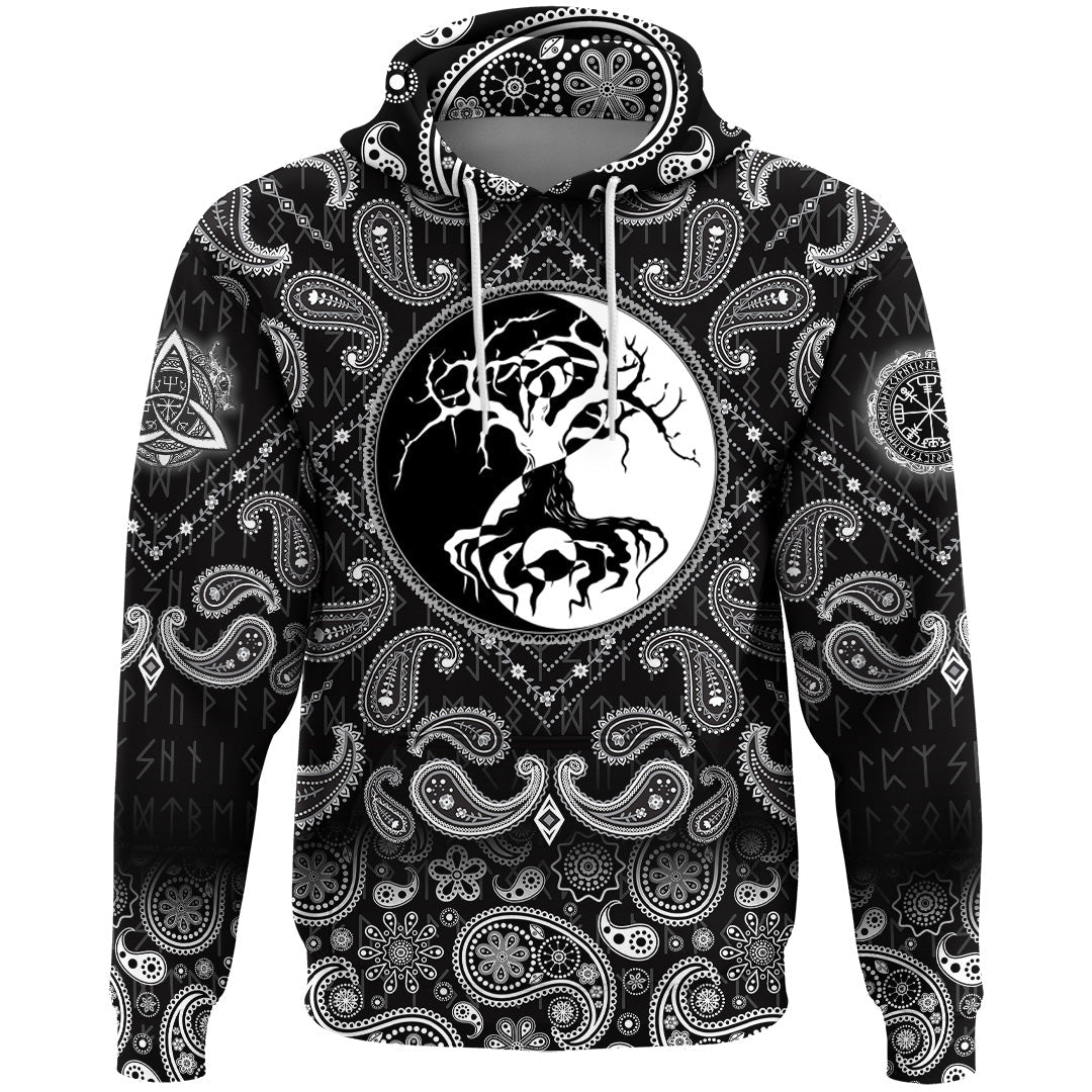 Viking Hoodie Celtic Symbol Of Yin and Yang Druidic Yggdrasil Tree with Bandana Paisley Style RLT12