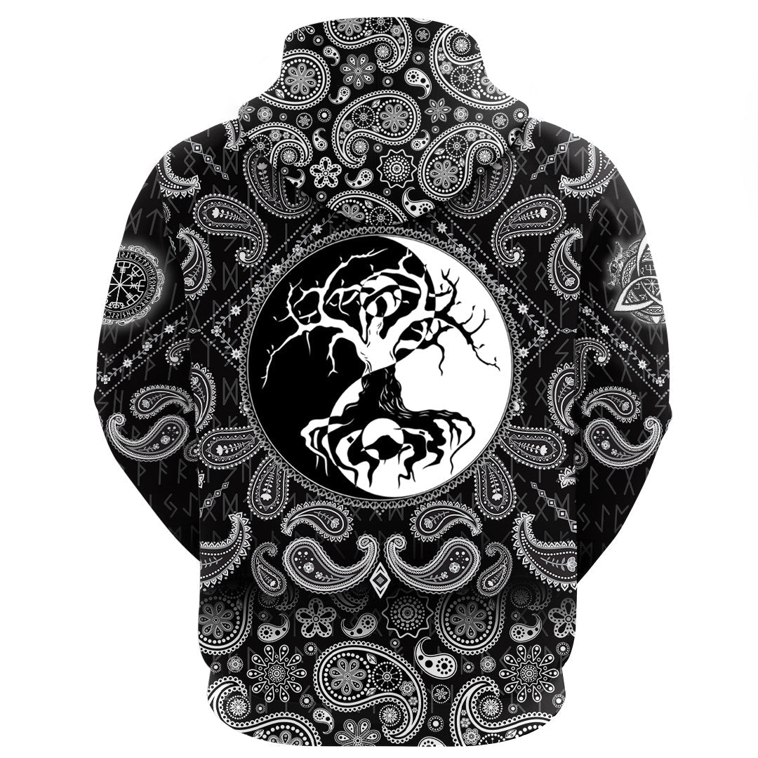 Viking Hoodie Celtic Symbol Of Yin and Yang Druidic Yggdrasil Tree with Bandana Paisley Style RLT12
