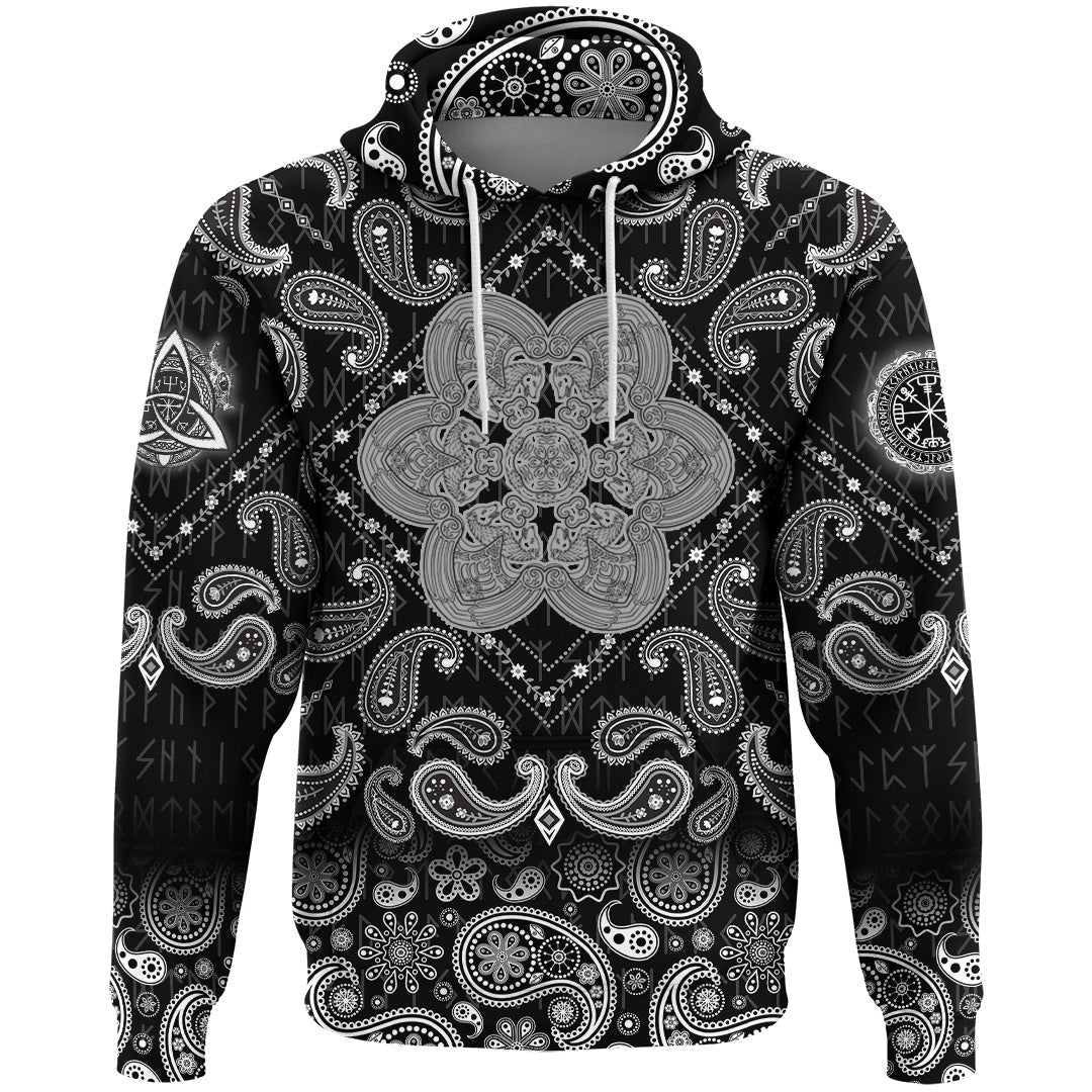 Viking Hoodie Celtic Wolf Ornament Black and White with Bandana Paisley Style RLT12