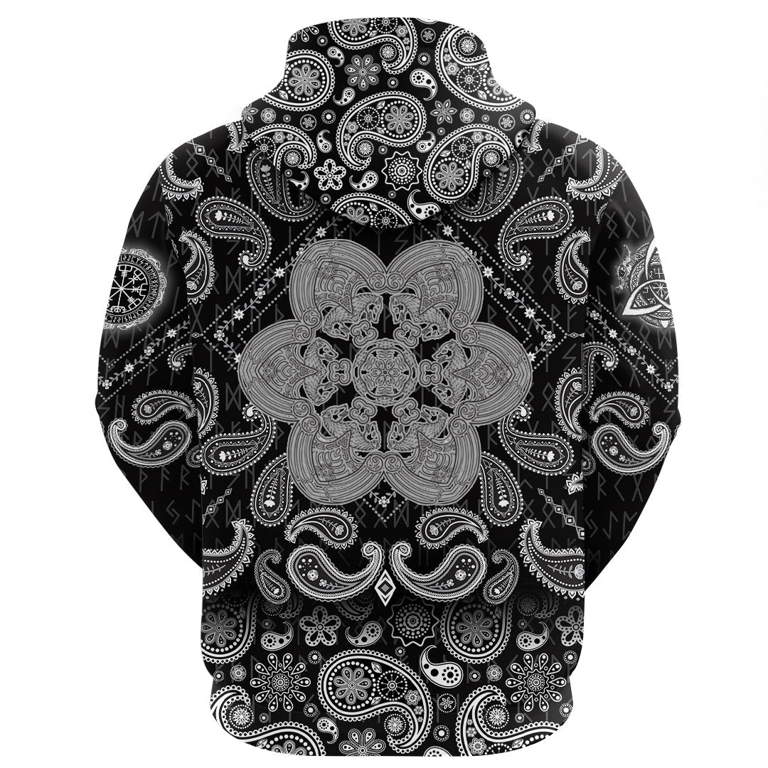 Viking Hoodie Celtic Wolf Ornament Black and White with Bandana Paisley Style RLT12