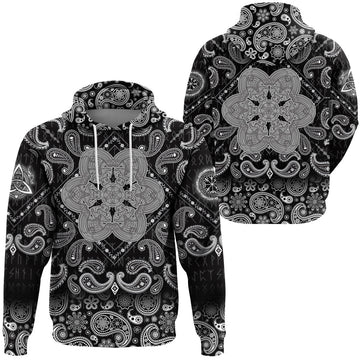 Viking Hoodie Celtic Wolf Ornament Black and White with Bandana Paisley Style RLT12