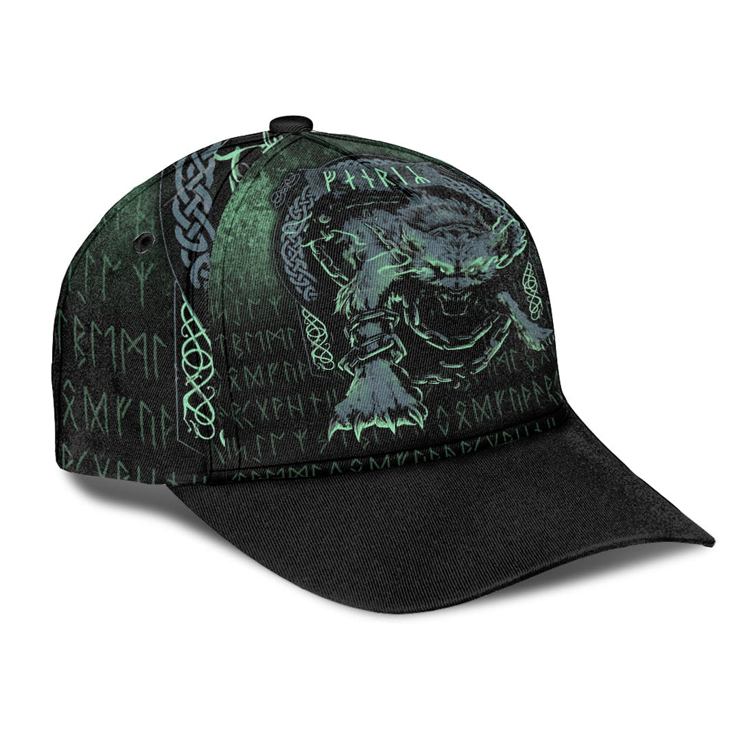 Wonder Print Classic Cap - Fenrir Wolf Norse Futhark Runes Viking Mythology Ragnarok Green Classic Cap