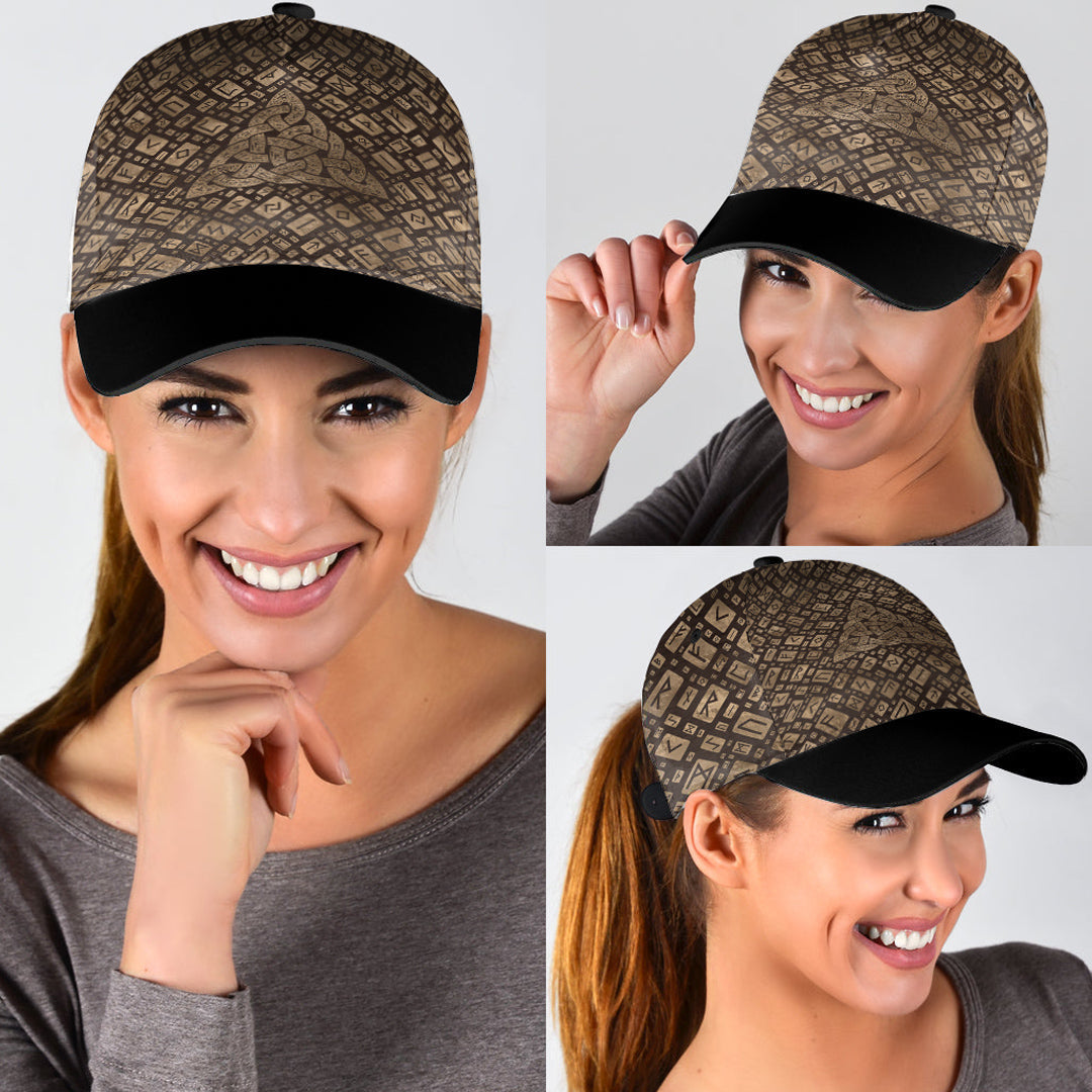 Viking Classic Cap Triquetra and Runic Alphabet Wood and Gold Classic Cap RLT12