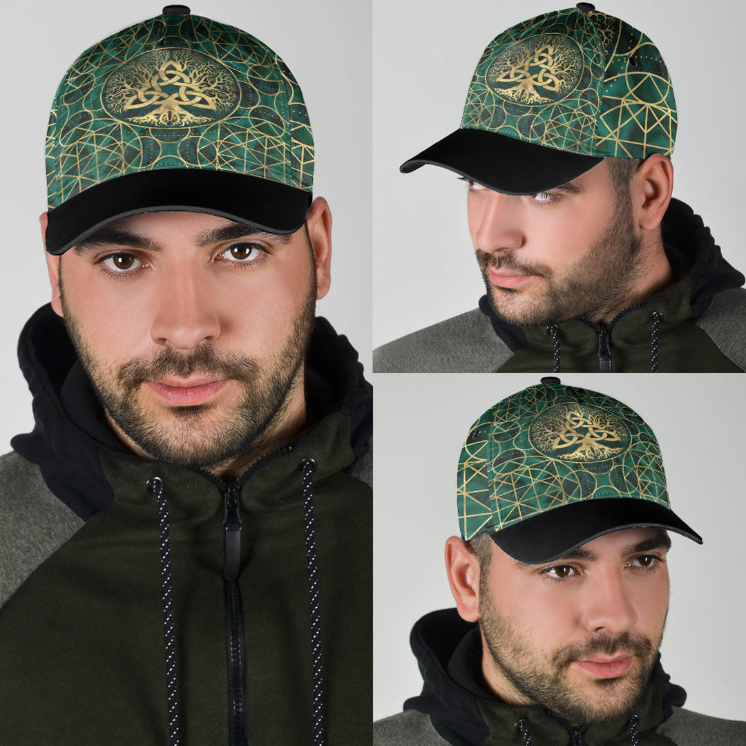 Viking Classic Cap Tree Of Life with Triquetra Malachite and Gold Classic Cap RLT12