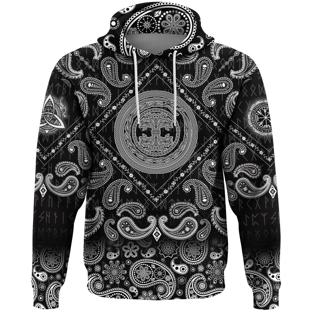 Viking Hoodie Contour Yggdrasil and Ouroboros In Ornamented Circles with Bandana Paisley Style RLT12