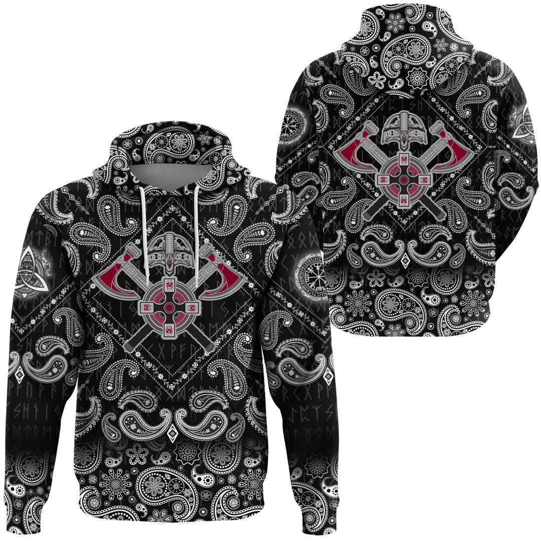 Viking Hoodie Crest Crossed Battle Axes with Bandana Paisley Style RLT12