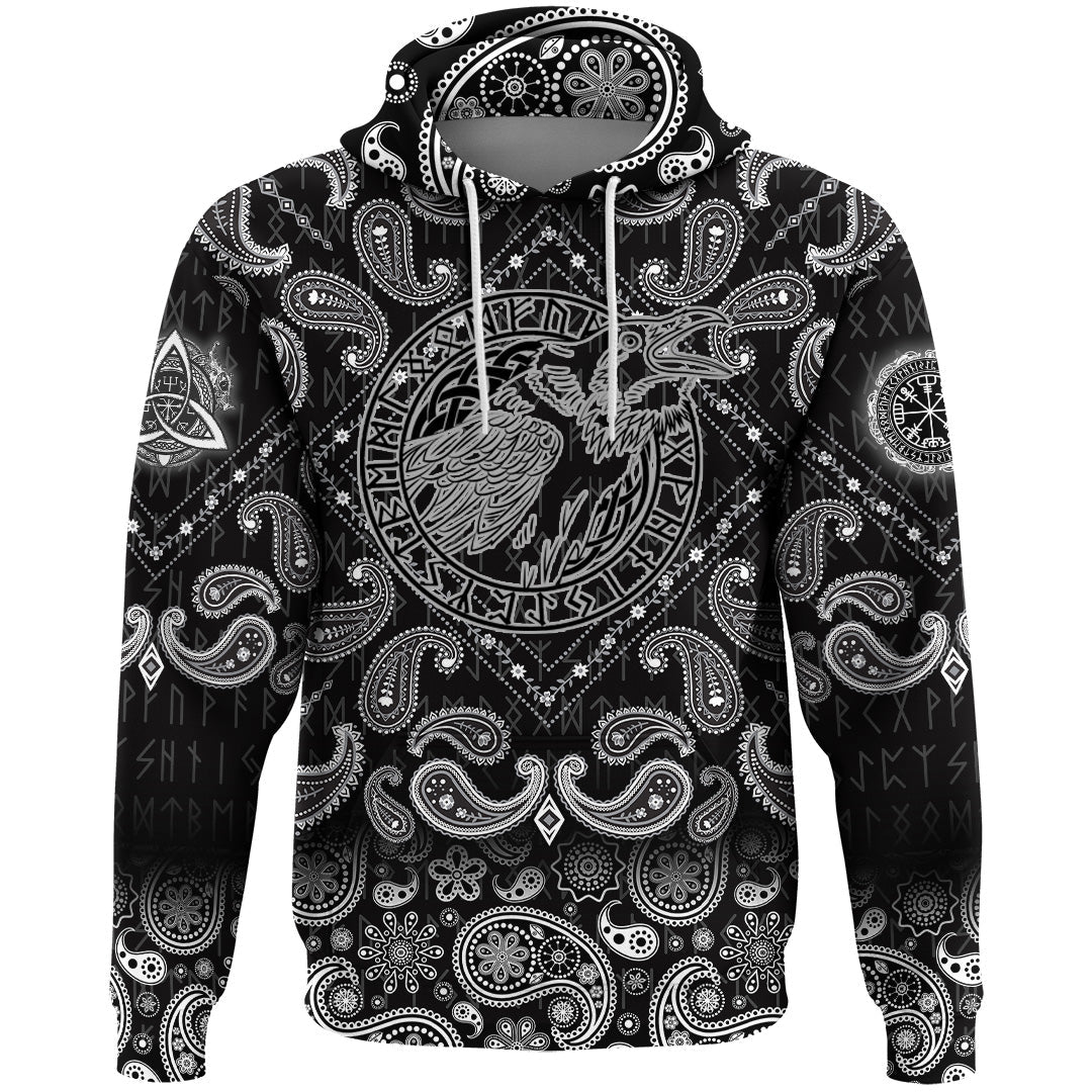 Viking Hoodie Crows Scandinavian Runes with Bandana Paisley Style RLT12