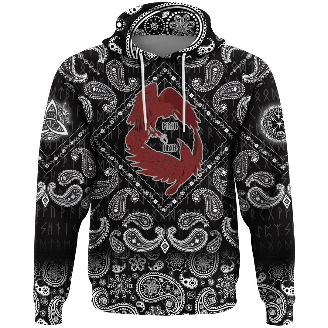 Viking Hoodie Dark Red With Odins Ravens with Bandana Paisley Style RLT12
