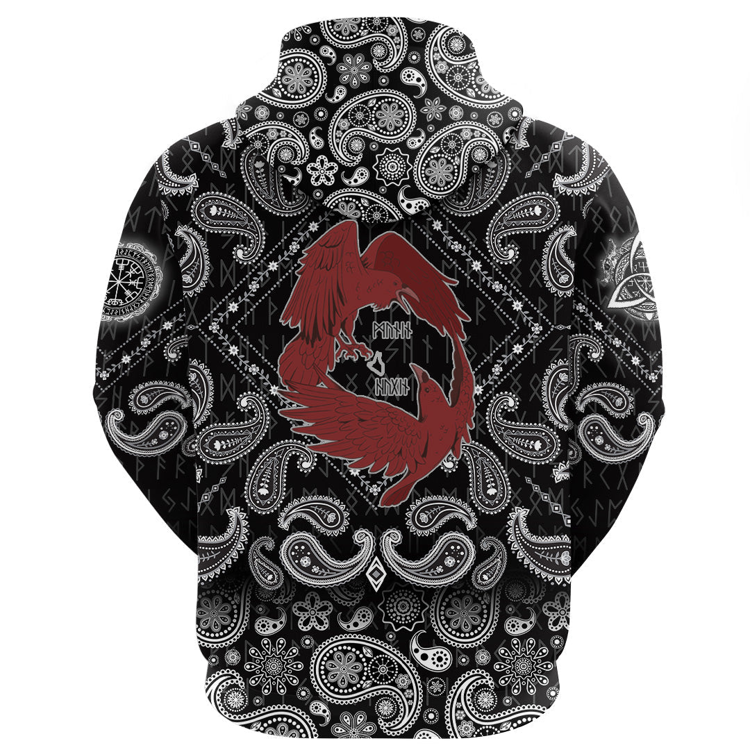 Viking Hoodie Dark Red With Odins Ravens with Bandana Paisley Style RLT12